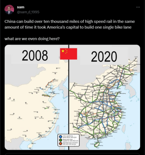 Maps of China in 2008 and 2020 showing the immense railway network built in that time, with a tweet from 'sam' saying: "China can build over ten thousand miles of high speed rail in the same amount of time it took America’s capital to build one single bike lane what are we even doing here?"