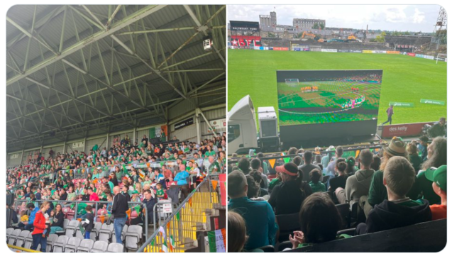 Photos via Bohemian Football Club, showing the big screen and crowd watching on at Dalymount, for Ireland's historic opening World Cup fixture against Australia last Thursday, 20 July 2023.
