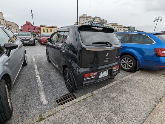 Rear 3/4 view of the small angry car
