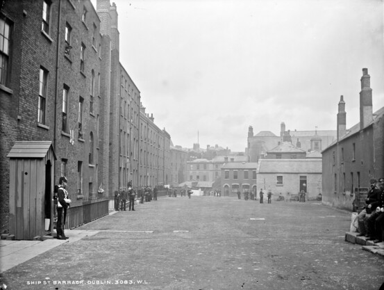 A black and white photograph of Ship Street Barracks at the rear of Dublin Castle, Dublin, Ireland. c1865-1914.
