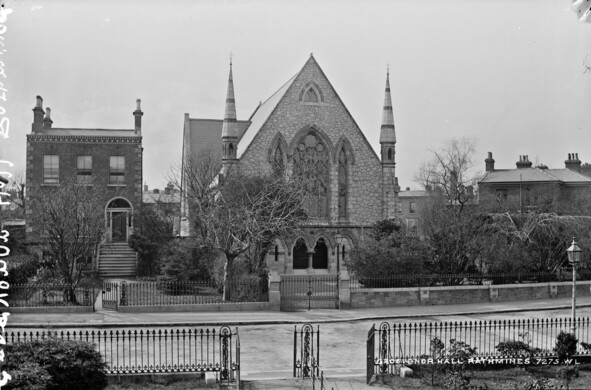 A black and white photograph of Grosvenor Hall, Rathmines, Dublin, Ireland. c1865-1914. 