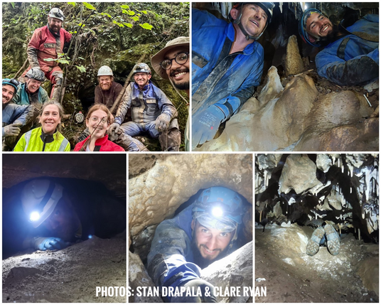 Cavers and cave archaeologists, crawling through tight spaces inside the cave and a group photo outside the cave. 