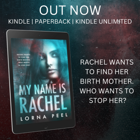 The Kindle cover for My Name Is Rachel, a mystery romance by Lorna Peel. The cover shows a dark-haired young woman looking nervously over her shoulder. 