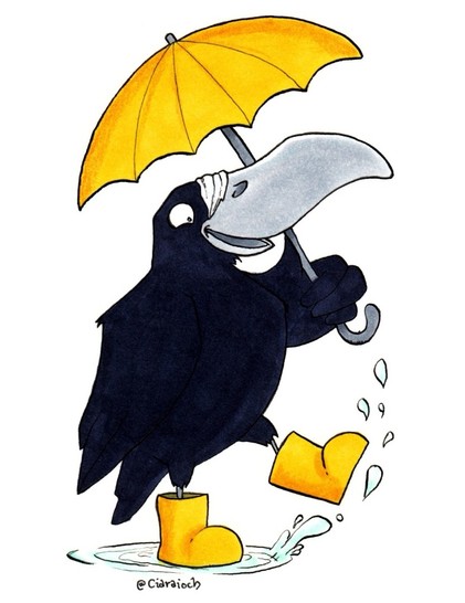 Cartoon of a crow in yellow boots and a yellow umbrella splashing through a puddle.