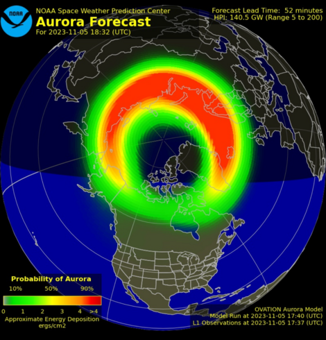 Aurora forecast showing definite presence of auroras over Northern Europe.
