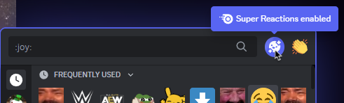 Discord's emoji picker showing the 'Super Reactions' button which can be clicked before choose an emoji to react to a message.