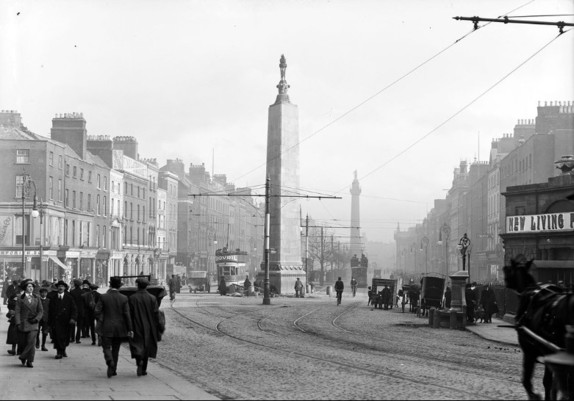 A view of Sackville Street (now O'Connell Street) from Cavendish Row c1911. National Library of Ireland on The Commons. No known copyright restrictions.