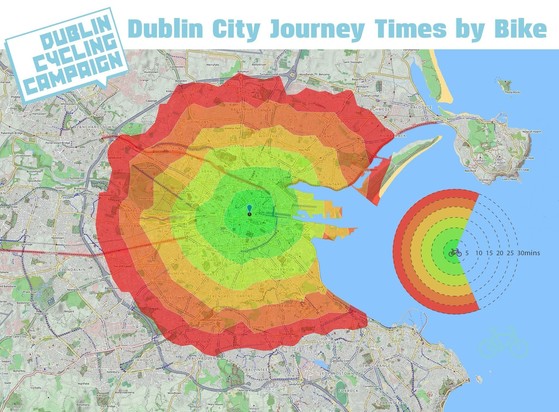 Map by Dublin Cycling Campaign, showing distances along with the journey times for each, from across Dublin to The Spire on O'Connell Street. For example, most areas around the M50 are a 30 minute cycle; while most of the city centre between the Canals and from Heuston Station are a 5 to 10 minute cycle.