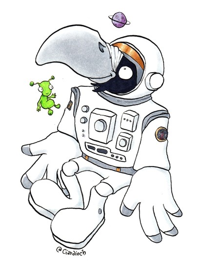 Cartoon of a rook in a spacesuit floating in space, with a small alien beside him and a planet in the distance.