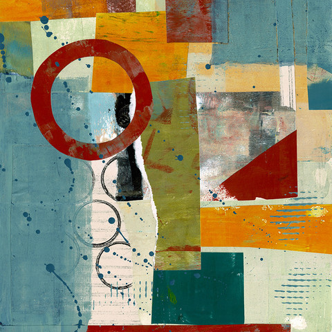 A colorful abstract collage made from painted and printed papers with some patterns printed over the assemblage and some paint splatter.