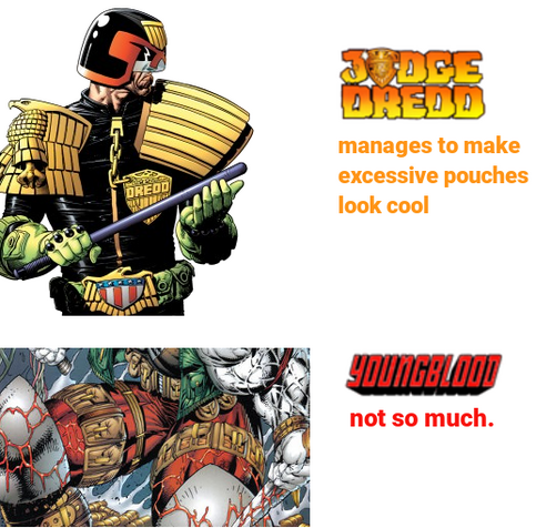 Top: A drawing of Judge Dredd, whose costume has lots of pouches. The caption reads "Judge Dredd manages to make excessive pouches look cool"

Bottom: A drawing of (the groin of) Shaft from Youngblood. The caption reads "Youngblood not so much"