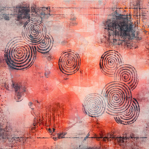 A square artwork, abstract, in tints of salmon pink with paint spatter and drips and with a loose arrangement of different-sized dark blue-gray spirals.