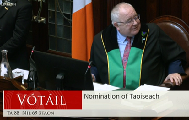 Screen shot from Oireachtas TV showing that the nomination of Simon Harris for Taoiseach has passed a vote in the Dáil with 88 for and 69 against