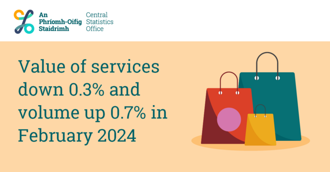 An image of shopping bags with text saying "Value of services down 0.3% and volume up 0.7% in February 2024"