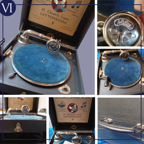 A collection of photographs laid out in a grid showing the same gramophone. The viewer can now see the platter from above as well as seeing the handle on the outside of the box and that the inside of the lid provides space to store a record or two.