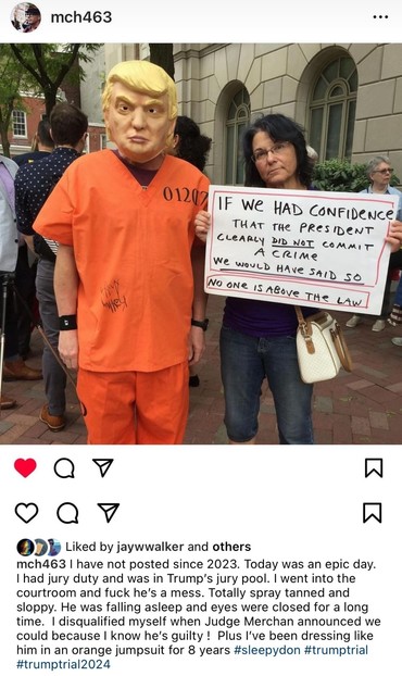 A post from a protestor dressed up as Trump in jail attire saying he was in jury pool yesterday. 