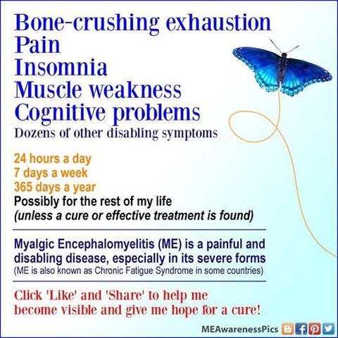 Bone-crushing exhaustion
Pain
Insomnia
Muscle weakness
Cognitive problems
Dozens of other disabling symptoms
24 hours a day
7 days a week
365 days a year
Possibly for the rest of my life
(unless a cure or effective treatment is found)
Myalgic Encephalomyelitis (ME) is a painful and
disabling disease, especially in its severe forms
(ME is also known as Chronic Fatigue Syndrome in some countries)
Click 'Like' and 'Share' to help me
become visible and give me hope for a cure!
MEAwarenessPics