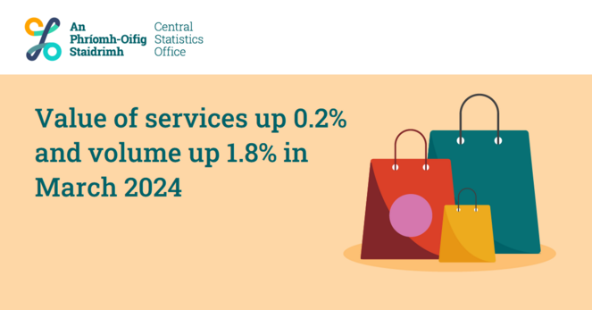 Image of shopping bags with text saying "value of services up 0.2% and volume up 1.8% in March 2024"
