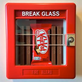 "break glass" fire alarm with a kitkat inside 