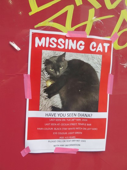 It's a poster stuck on a wall for a lost cat, with a picture of the cat and a number to ring if you see her. The cat's name is Diana, she is a black cat, and she is 4.5 years old.
