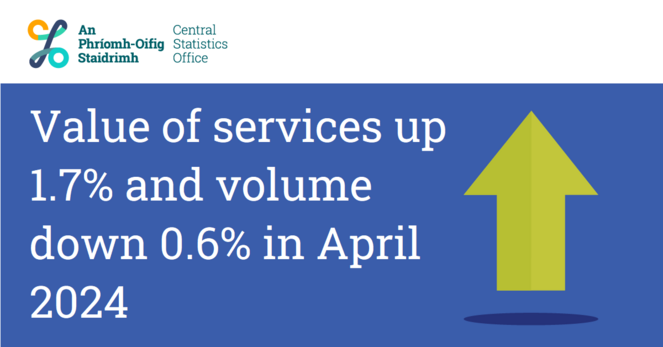This is an image of a green arrow pointing upwards to highlight today's Monthly Services Index April 2024 (Provisional) March 2024 (Final) release. The headline reads: Value of services up 1.7% and volume down 0.6% in April 2024