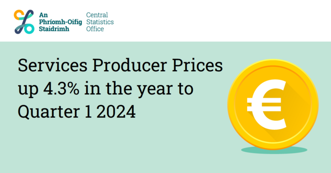 This is an image of a Euro symbol on a coin to highlight today's Services Producer Price Index Q1 2024 release. The headline reads: Services Producer Prices up 4.3% in the year to Quarter 1 2024