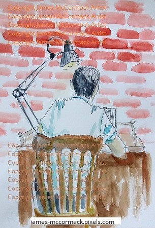 Student.
Watercolour.

A student at his desk, facing a red brick wall, , using a lamp to focus on his books, as he sits in a wooden chair, his back to us as he concentrates.