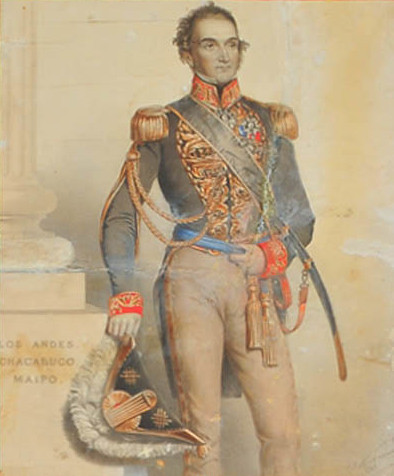 A portrait of John Thomand O'Brien, dressed in military style. He wears a blue jacket with gold epaulets; with one of his hands, he holds a bicorn hat, and his other hand is placed on his belt. With a white background and on the left edge, you can see a pillar with the inscription "Los Andes. Chacabuco. Maipo."