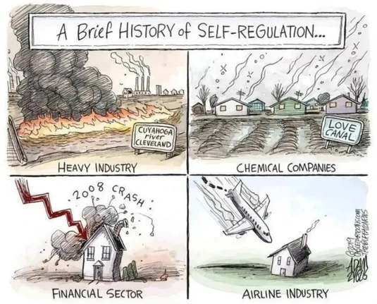 4 panel cartoon a brief history of self-regulation 

1. cuyahoga river, Cleveland. It is on fire.
2. Love Canal, a housing estate reeking with chemicals
3. Financial sector. A house is destroyed by the falling line of 2008 crash
4. Airline Industry. A boeing 747 plummets towards a house. 

Comic 2019 for the Buffalo News by Adam Zygus.
