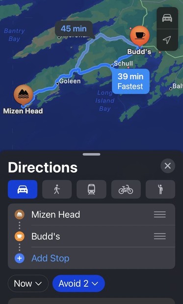 Apple’s Maps app showing 2 possible routes for driving and the approximate travel time. 

This route includes / is the Euro Velo 1 cycling route, but wait for it. See screenshot number 2.