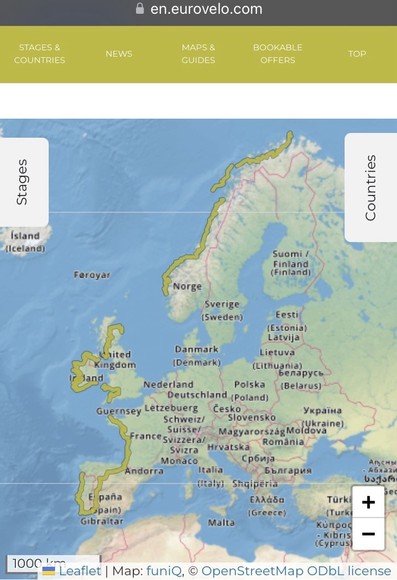 Overview of Euro Velo 1 showing the route from Norway, down over and through the west coast of Scotland, onto Ireland around the coast west from north to south, over to Wales and UK, then onto France, Spain and Portugal. 

This route is not on Apple’s Maps app. Nor are any other directions or measures for cycling. 