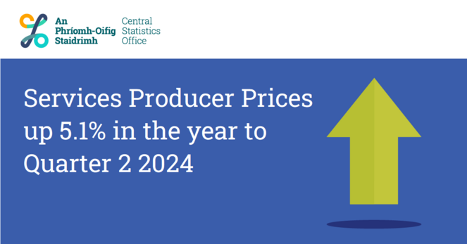 An image of an up arrow with text saying "Services Producer Prices up 5.1% in the year to Quarter 2 2024"