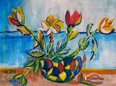 Flowers in a vase done in a semi abstract style , inspired by flowers, art deco and stained glass.