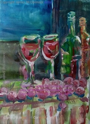 Red wine in two glasses, a bottle, with grapes, on a tablecloth.