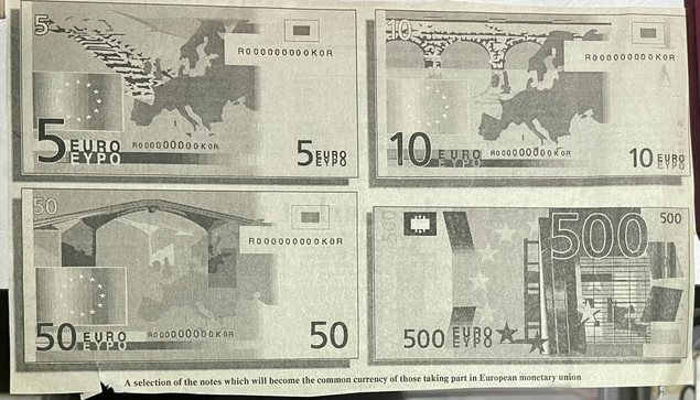 A printed image featuring four euro banknotes: a 5 euro note, a 10 euro note, a 50 euro note, and a 500 euro note. The notes are displayed in a grid format, highlighting various designs and denominations with elements