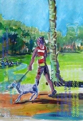 Red Shirt Blue Dog.
Painted from a sketch of a man walking his dog in Parque Augusta, Sao Paulo, Brazil, on a hot sunny day.