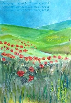 Poppy Summer Red.

Red summer poppies against verdant hills and a blue sky. The poppies are up front with the the green rolling hills fading into a blue sky.
