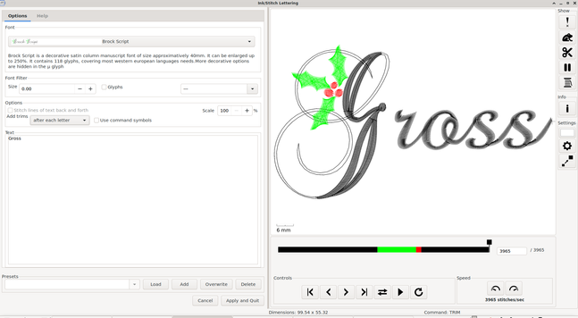 A screenshot of the inkstitch lettering workspace. On the left is the configuration panel with the input text "Gross". On the right is a simulation of the embroidery, with "Gross" in a cursive font with an extra curly G with a holly sprig in it