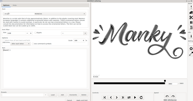 A screenshot of the lettering workspace of inkstitch. On the left the font is set to Monicha with the word Manky in brackets with a fancy y in a circle. On the right is the rendered text "Manky", with splashes on either side and a long curly y 