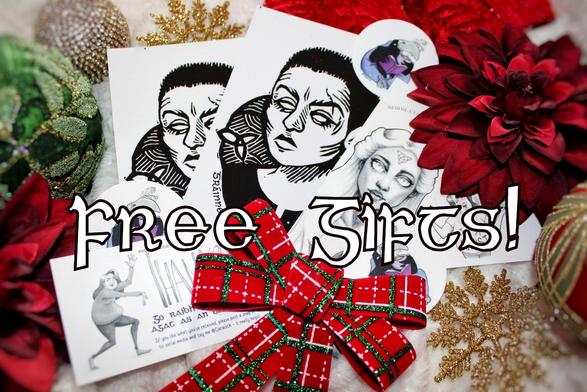 Photograph of mini-prints, bookmarks, stickers and business cards surrounded by Christmas decorations 