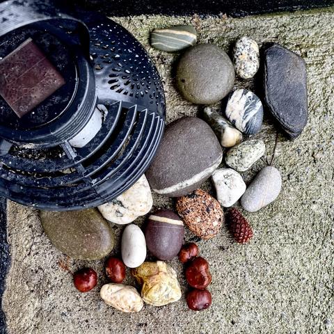 A collection of various stones, pebbles and chestnuts my kids have amassed from Wexford to Kerry, scattered on a concrete surface, accompanied by a black lantern. Some stones are smooth, while others have patterns. A few conkers and a pinecone are also included.