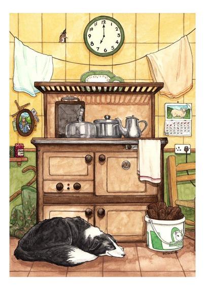 Watercolour painting in a semi-cartoon style. A sheepdog lies contentedly in front of an old Stanley range with pots and a teapot on it, surrounded by rural kitchen paraphernalia like a bucket of turf, wellies, teatowels, jams and syrup, Lotto tickets etc. A clock hangs overhead and a mouse peaks out near it.