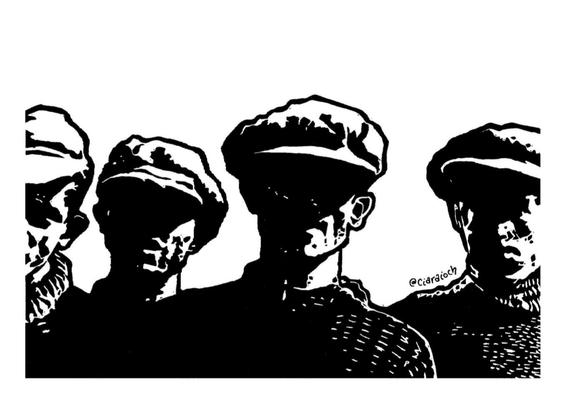 Black and white print of the Men Of The Blaskets print, showing four men in knitted jumpers and peaky caps, their faces in shadow.