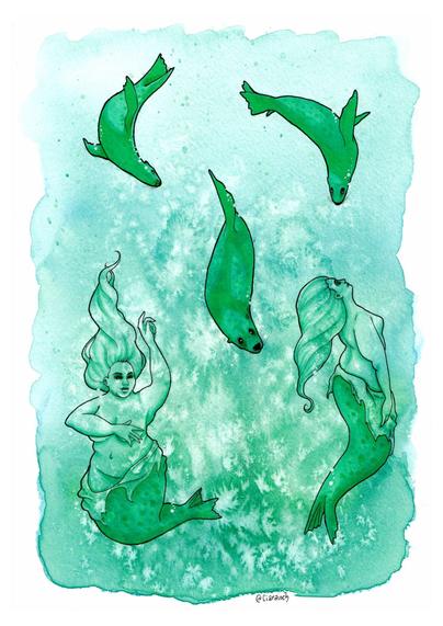 Watercolour painting of selkies emerging from their skins underwater, with seals swimming around them.