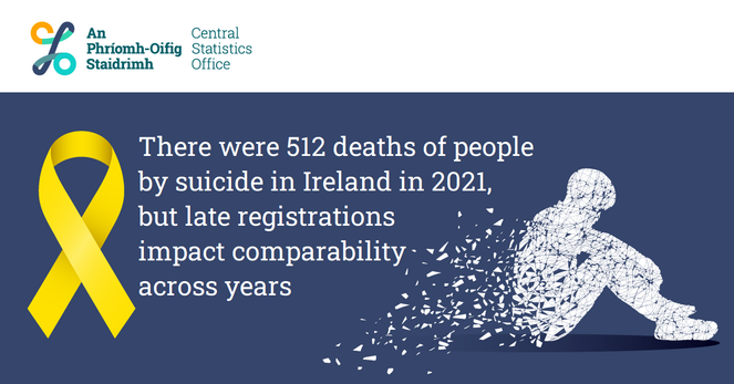 An image of a person with text saying "There were 512 deaths of people by suicide in Ireland in 2021, but late registrations impact comparability across years"