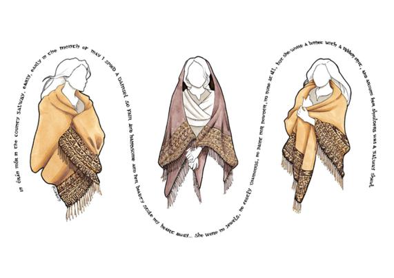 Drawing of three women figures without faces wearing different patterned Galway shawls, with the words of the song of the same name weaving around them.