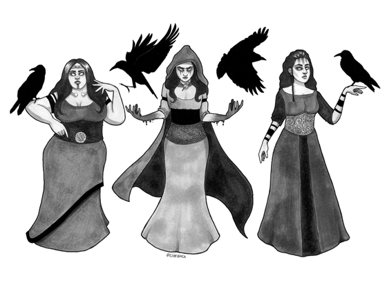 Black and white illustration of the triple goddess, with crows flying around them.