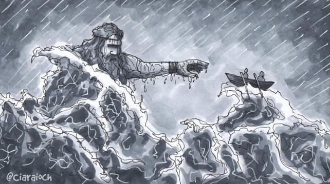 Illustration of Manannán Mac Lir stretching a hand out over a stormy sea towards a currach.
