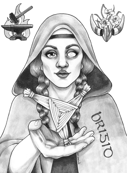 Image of the Brigid print (Brigid holding a triple armed woven cross, one eye white, with an image of an anvil and of cow horns and daffodils above her)