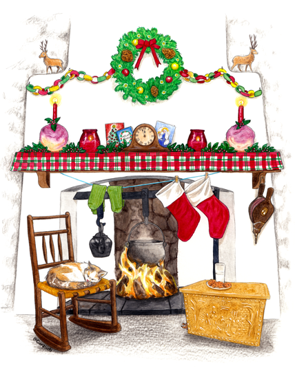 Watercolour and pencil image of an open fire with a súgán rocking chair in front of it and a brass turf/log box with milk and biscuits resting on it. A calico cat lies sleeping on the chair, while a little mouse peeks around the edge of the box at the biscuit above. There is a large steaming pot hanging over the fire, with a kettle hanging to the left of it. On a line above the fire hangs sock and two Christmas stockings, and a bellows hangs to the right of the fireplace. Above the mantle, which is lined with green, white and red tartan oil cloth, there is a clock, red candles in turnip holders, Christmas cards, two red glass candles, and plenty of fresh holly. Above this is a wreath on the wall, with paper chain garlands hanging on either side. In the recesses above are two deer ornaments.